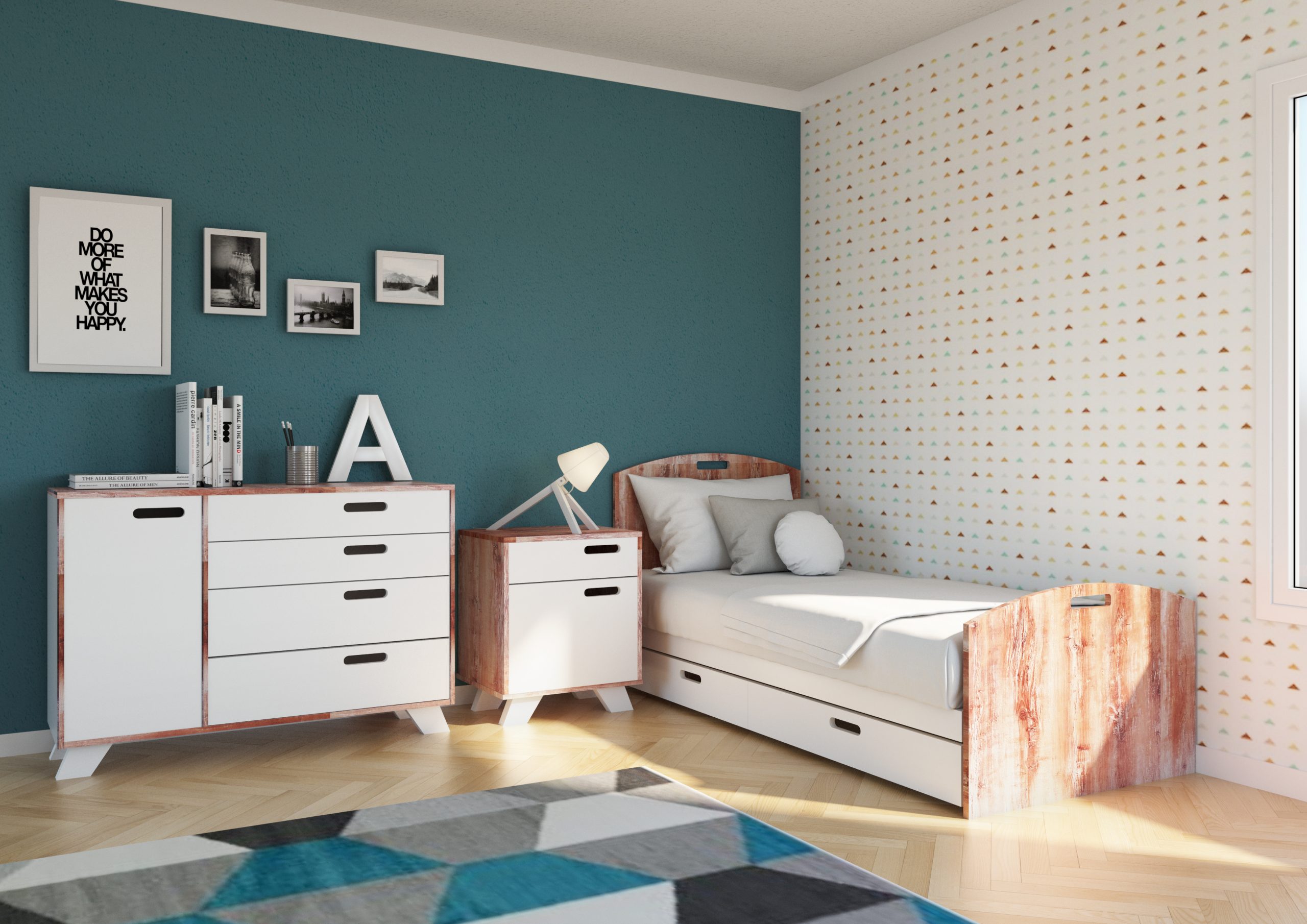 Cama Seren, Cómoda Jarle, mesa de luz Jarle